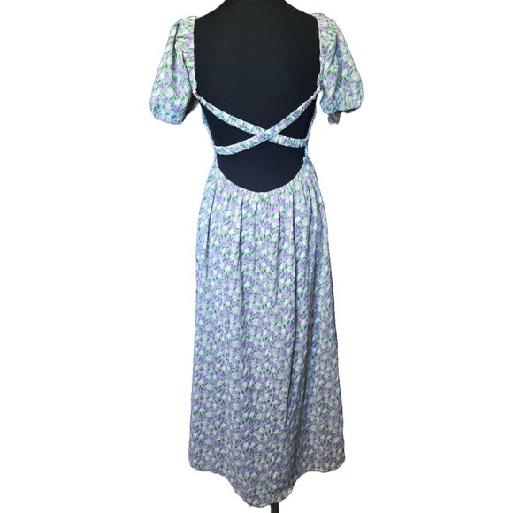 Floral Tulip Smocked Puff Sleeve Prairie Midi Dress Cottagecore - Picture 3 of 9